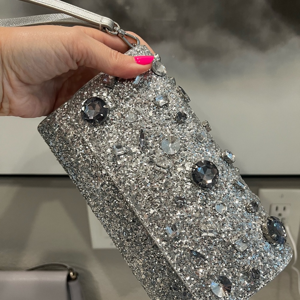 Kate Spade Silver Sparkle Clutch with Gem Accents